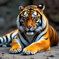 Close-up of a regal tiger resting calmly on a rocky surface with vibrant background gradient, balanced light and shadows 