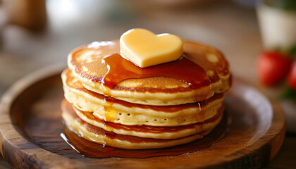 A delicious stack of pancakes topped with a heart-shaped pat of butter and syrup