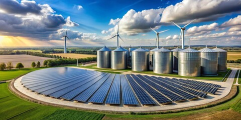 Sustainable Energy Complex A Harmonious Blend of Solar Panels, Wind Turbines, and Grain Storage Silos under a Dramatic Sunset Sky