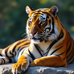 Close-up of a regal tiger resting calmly on a rocky surface with vibrant background gradient, balanced light and shadows 