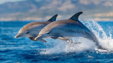 Fototapeta premium A pair of dolphins gracefully synchronized as they leap out of the ocean together.