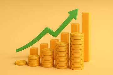 Growth money business increase finance profit on 3d investment background with coin stock wealth arrow graph. 