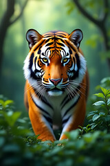 Vibrant jungle scene with tiger gazing directly at viewer, professional framing and well-balanced background 