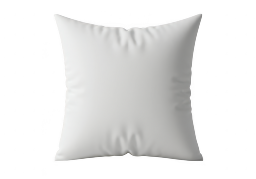 A pristine white square pillow rests softly on a transparent background