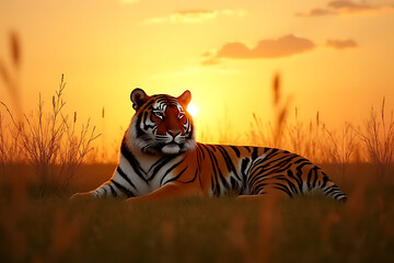 Calm tiger lying in tall grass under golden twilight sky, dreamy atmosphere with well-organized elements
