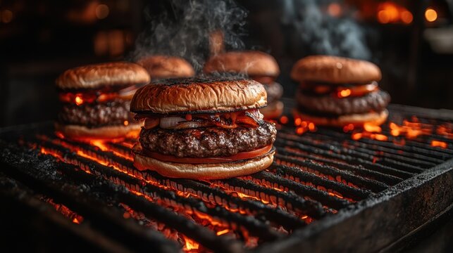 Hamburgers on a grill being cooked on a grill food background