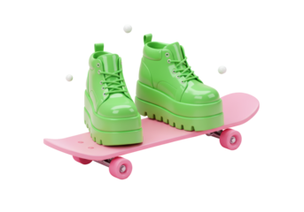 Isolated Green Platform Boots on Pink Skateboard