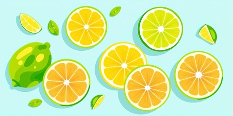 Vibrant lime slices, halves & whole limes in a creative vector illustration style Perfect for summer designs,  modern,  design