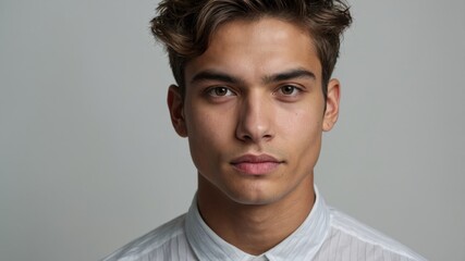 Obraz premium Young latin man posing wearing white shirt on gray background