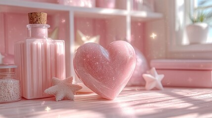 Ethereal Pink Aesthetic Still Life with Heart and Decorative Elements