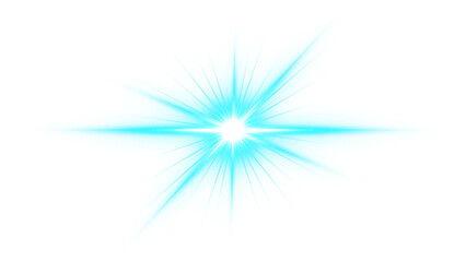 Bright aqua starburst lens flare with sharp rays, transparent background