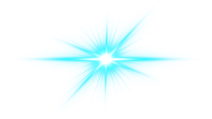 Bright aqua starburst lens flare with sharp rays, transparent background