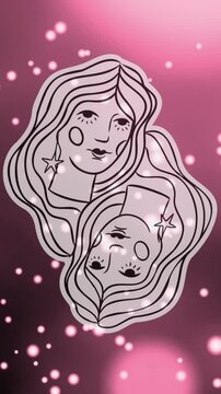 Animation of female faces of gemini zodiac sign against illuminated pink particles and lens flare
