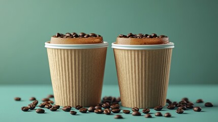 Two paper coffee cups brimming with aromatic beans against teal backdrop