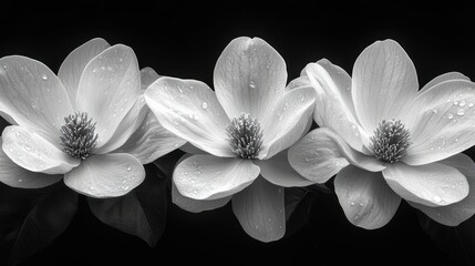 Elegant black and white magnolia blooms with delicate water droplets