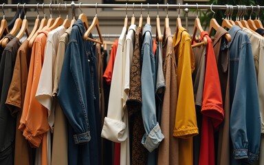 A lot of vintage and fashionable clothes in a second-hand store for recycling or resale to preserve the environment. High quality