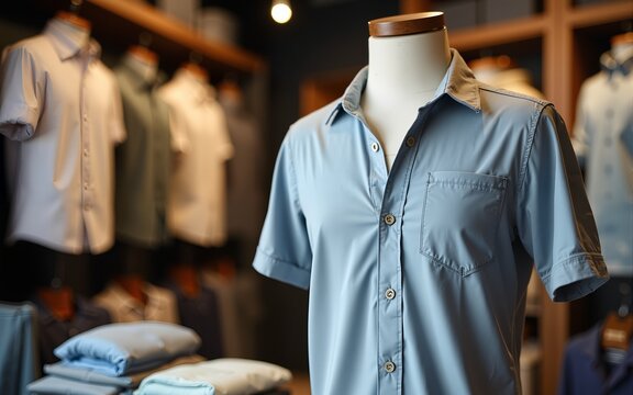 Trendy cotton Men shirt display on mannequin in clothes shop. Summer collection fashion product samples in clothing store for selling. Textile industry and business concept. High quality