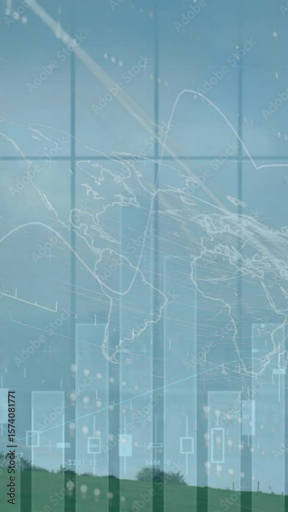 Poster animation of graphs moving with world map against wind turbines on field