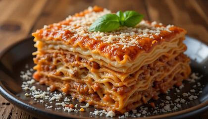 “Close-Up of Traditional Lasagna with Meat Sauce, Melted Cheese, and Basil Garnish on Dark Plate”