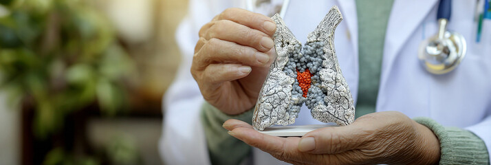 Doctor holding lung model with tumors in hands wearing white coat and stethoscope