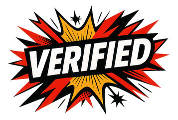 Fototapeta premium Red and yellow burst sticker with VERIFIED in bold comic style, dynamic promo offer on transparent background.