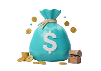 Isolated Turquoise Money Bag with Dollar Sign and Gold Coins