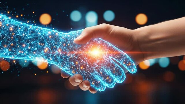 A digital handshake connects a human hand with a glowing, networked hand, symbolizing the collaboration between technology and humanity in the future - Powered by Adobe