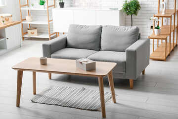 Grey comfortable sofa with coffee table in living room