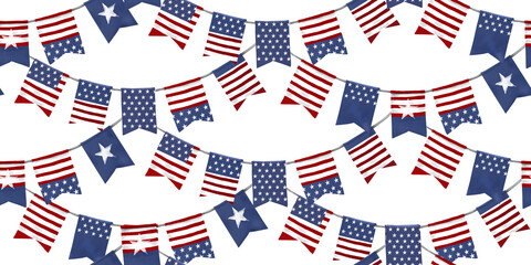 Flags in the colors of flag of the United States. Watercolor illustration. American patriotic garlands seamless pattern, isolated on white background. Theme of the holiday is Independence Day, holiday
