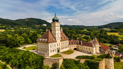 Aerial View of Historic Schönbühel Fortress Above the Danube