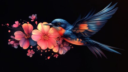 Artistic rendering of a blue bird in flight amidst a burst of flowers