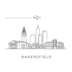 Fototapeta premium Bakersfield Skyline Line Art Airplane USA.