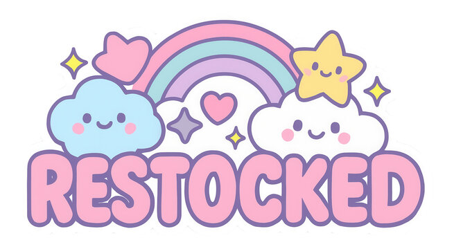 Pastel bubble sticker with RESTOCKED message featuring cute clouds and stars, playful retail promo on transparent background.