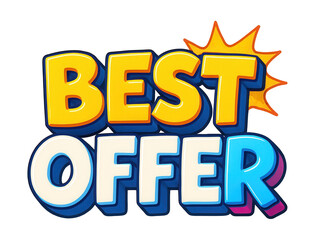 Bold yellow and blue text bubble sticker with BEST OFFER in cartoon style, vibrant retail promotion on transparent background.