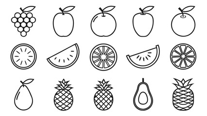 Collection of simple black and white line art icons representing various fruits