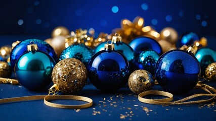 Blue and gold christmas ornaments glimmering on dark blue background