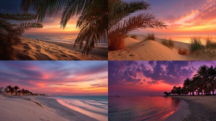 Four sandy beach landscapes beneath vibrant, colorful skies at sunset/sunrise