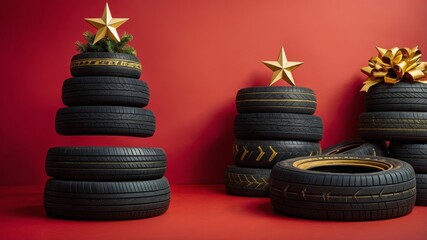 Car tires decorated as christmas trees with golden stars and bow on red background
