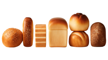 Collection of brioche bread including buns and loaf shapes for food branding, isolated on transparent 