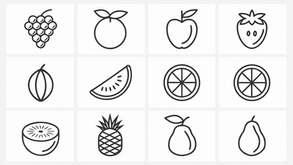 Collection of twelve simple line art icons representing various fruits on a light background