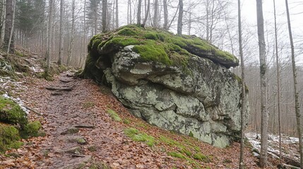 Moss-covered boulder beside a forest trail.  A misty winter scene with leaf-covered ground and icy patches