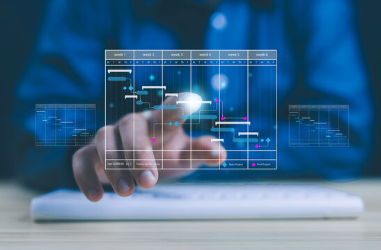 managing milestones on a timeline Gantt chart in technology online. concept of project planner in software, schedule plan management work update, and workflow. project, business, plan, schedule,	
