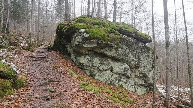 Moss-covered boulder beside a forest trail.  A misty winter scene with leaf-covered ground and icy patches