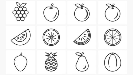Collection of simple line art icons representing various fruits and citrus slices