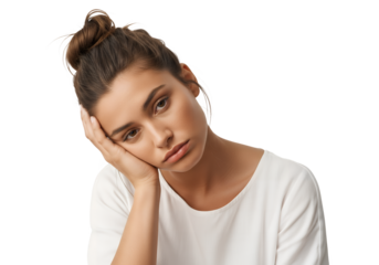 Woman with bun resting her head looking sad or tired portrait on transparent background