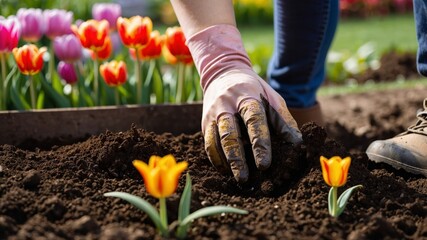 Gardener planting tulip bulbs in fertile soil during spring