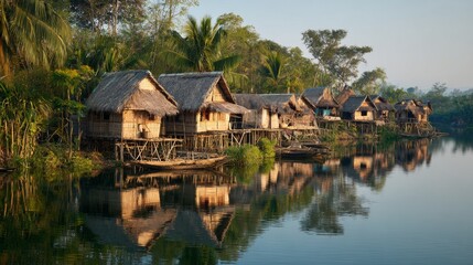 Obraz premium A riverside village with bamboo houses reflecting in the calm water.