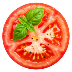 Tomato Slice with Fresh Basil and Drizzle of Olive Oil, Isolated on Transparent Background