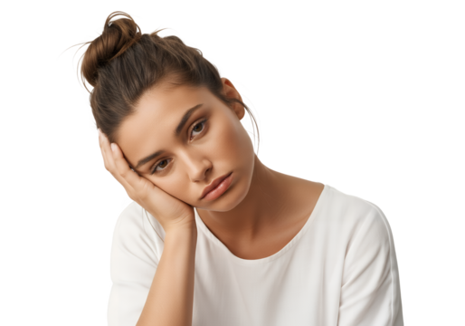 Woman with bun resting her head looking sad or tired portrait on transparent background