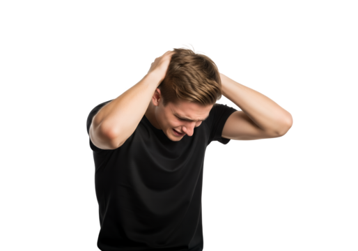 Man with hands on head showing distress and looking downwards on transparent background